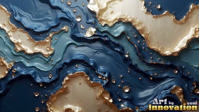 Swirls of thick blue paint and metallic gold waves