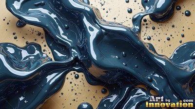 Glossy smooth curves of dark blue paint splash and scatter droplets over a tan surface