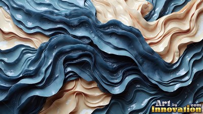 Thick blue and cream waves ripple across the surface under soft light