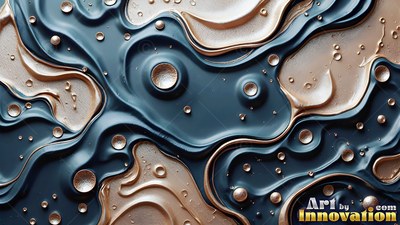 Seen from above, swirling blue and beige paint forms smooth ridges