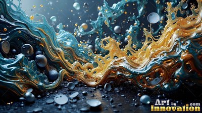 Gold and teal metallic paint splashes upward with floating drops