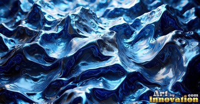 Rippling into small peaks, shiny blue fluid forms smooth ridges and waves