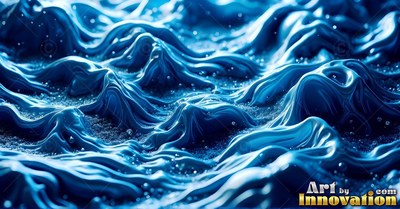 Deep blue liquid waves form sharp peaks with tiny bubbles scattered around
