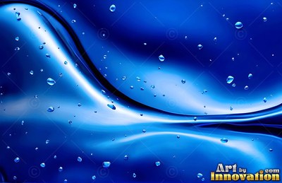 Tiny water droplets scattered across smooth, deep liquid waves under soft light