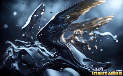 Curling upward in the dark, glossy silver fluid splashes with droplets