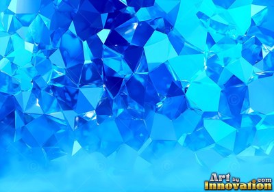 Across a bright blue surface, sharp crystal shards cluster under cool light