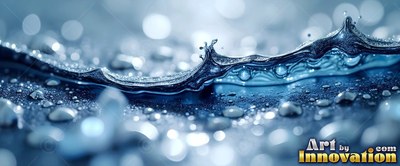 Blue water wave splashing over wet surface with bokeh lights