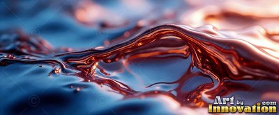 Copper fluid rolls into a small wave against dark blue shadows in warm sunlight