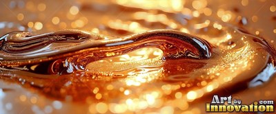 Arched low in a pool of bright light, thick amber liquid forms a ripple
