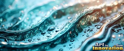 Teal water ripples roll across the surface covered in tiny clear drops