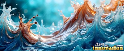 Under bright light , brown fluid splashes into cresting blue water waves