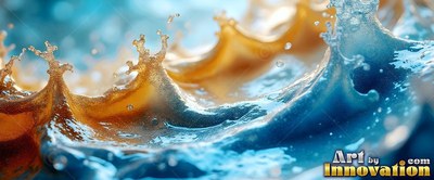 Splashing into spiky peaks, blue water and brown liquid collide with small droplets airborne