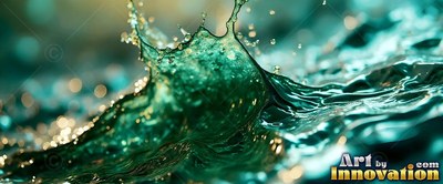 Spiky droplets crown a splash of emerald green water rising from choppy waves under muted light