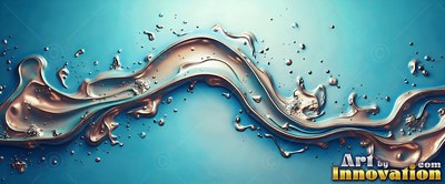 A metallic liquid splash flows horizontally across soft blue lighting
