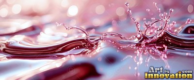 Spilling sideways across a wavy surface, pink liquid splashes under soft light