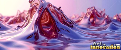 Pink and blue glossy liquid splashes up like little mountains in soft light