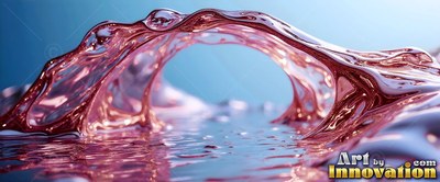 Against a blue backdrop, pink liquid forms a curved arch over clear water