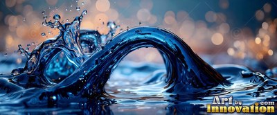 Arching over dark water, a splash of deep blue liquid rises before warm blurred lights