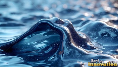 Specks of light on glossy dark blue fluid rising like a smooth wave under bright sun
