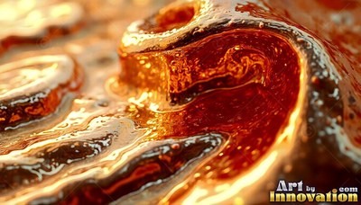 Amber syrup swirls into thick ridges under bright warm highlights