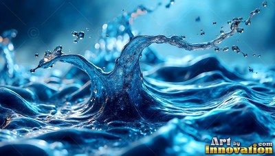 Clear blue water arches upward into a wave with splashing drops