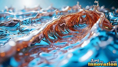 In bright light, splashes of copper fluid rise above rippling blue water