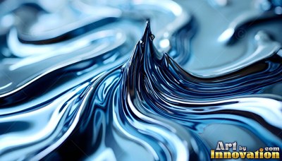 Rising into a sharp peak, glossy blue and silver liquid swirls smoothly together
