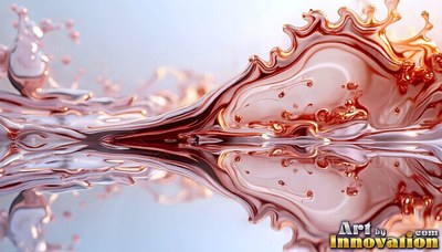 Curved crests of rose gold fluid splash across a calm, mirrorlike surface