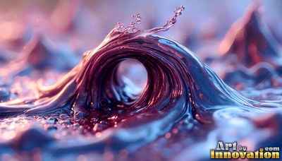 Curling over on a dark surface, purple fluid forms a hollow wave