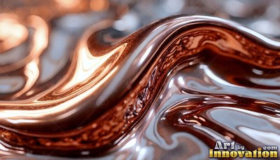 In bright studio light, shiny bronze liquid curves into thick waves
