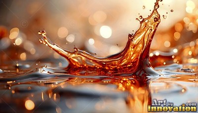 Curved droplets rise from an amber liquid splash against soft, out-of-focus lights