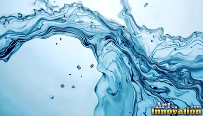 Arching across a light blue space, clear water splashes with tiny droplets