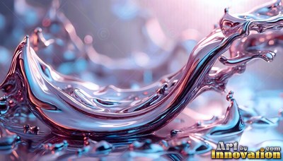 Shiny pink and silver liquid splashes upward into smooth curved waves