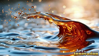 On a reflective water surface, an amber liquid wave curls into droplets
