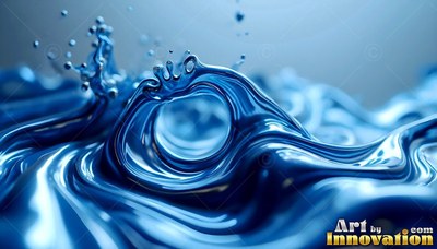 Swirling into smooth waves, blue liquid splashes into tiny drops in bright light