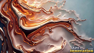 Molten copper liquid splashing over light gray fluid