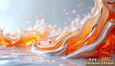 Curling upward over a gray surface, orange and white liquid splashes