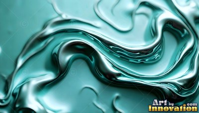 Curling swirls of shiny teal liquid ripple across a smooth surface