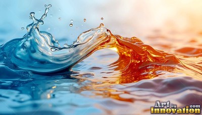 In bright light, a splash of clear liquid curls into warm orange water