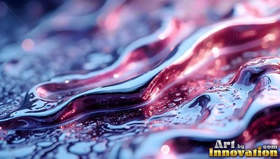 Rippling across the surface, shiny metallic liquid flows in pink and blue waves