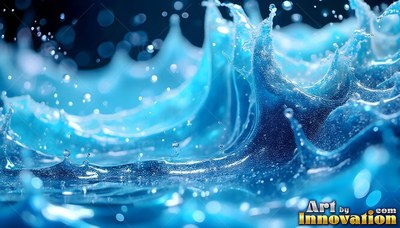 Blue water splashing with high waves and tiny droplets in bright light