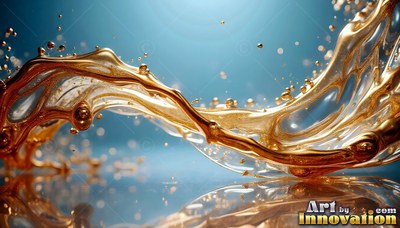Curving ribbons of gold liquid splash across a smooth, blue surface under soft light