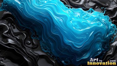 Glossy bright dark blue liquid splashes over dark black waves