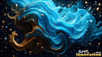 Thick swirling ridges of glossy blue fluid splash beside gold beads in dark space