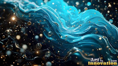 Blue fluid waves roll through dark space beside tiny yellow sparkles