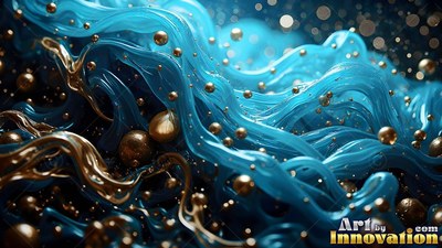 Curving from a close angle in dark space, blue fluid weaves with gold beads
