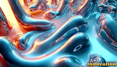 Glossy metallic fluid pooling and stretching in blue and orange light