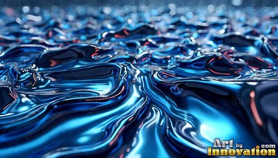 Across a dark surface, glossy blue fluid ripples with red reflections