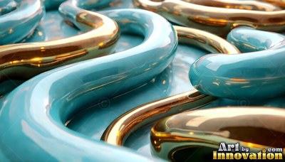 Winding across a flat surface, glossy blue and gold liquid tubes curve together