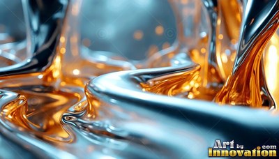 Flowing curves of silver and amber liquid close up under warm light